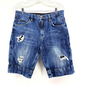 Phillip Plein Bermuda Shorts Distressed Denim Size 30 Waist